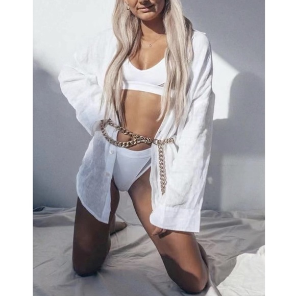 Womens White Linen Coverup Flowy Lightweight Sheer Button Down Shirt One Size - Picture 2 of 10